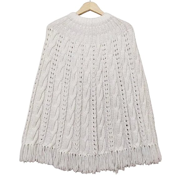 Vintage Handmade Crochet Cable Knit Button Fringe Poncho Cardigan - Great Cond - Picture 7 of 10